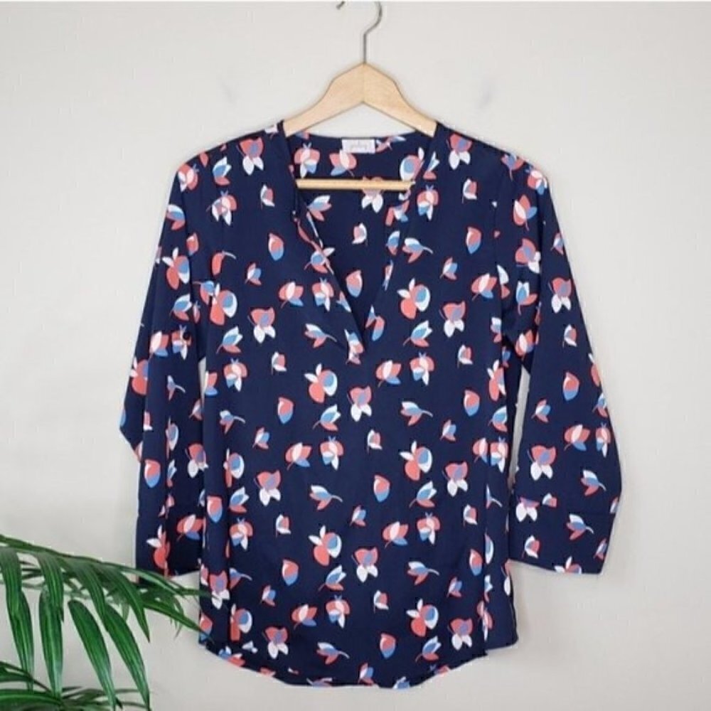 Stitch Fix Pixley Navy Coral Blue Ivy Petal Floral Print Blouse Size XS